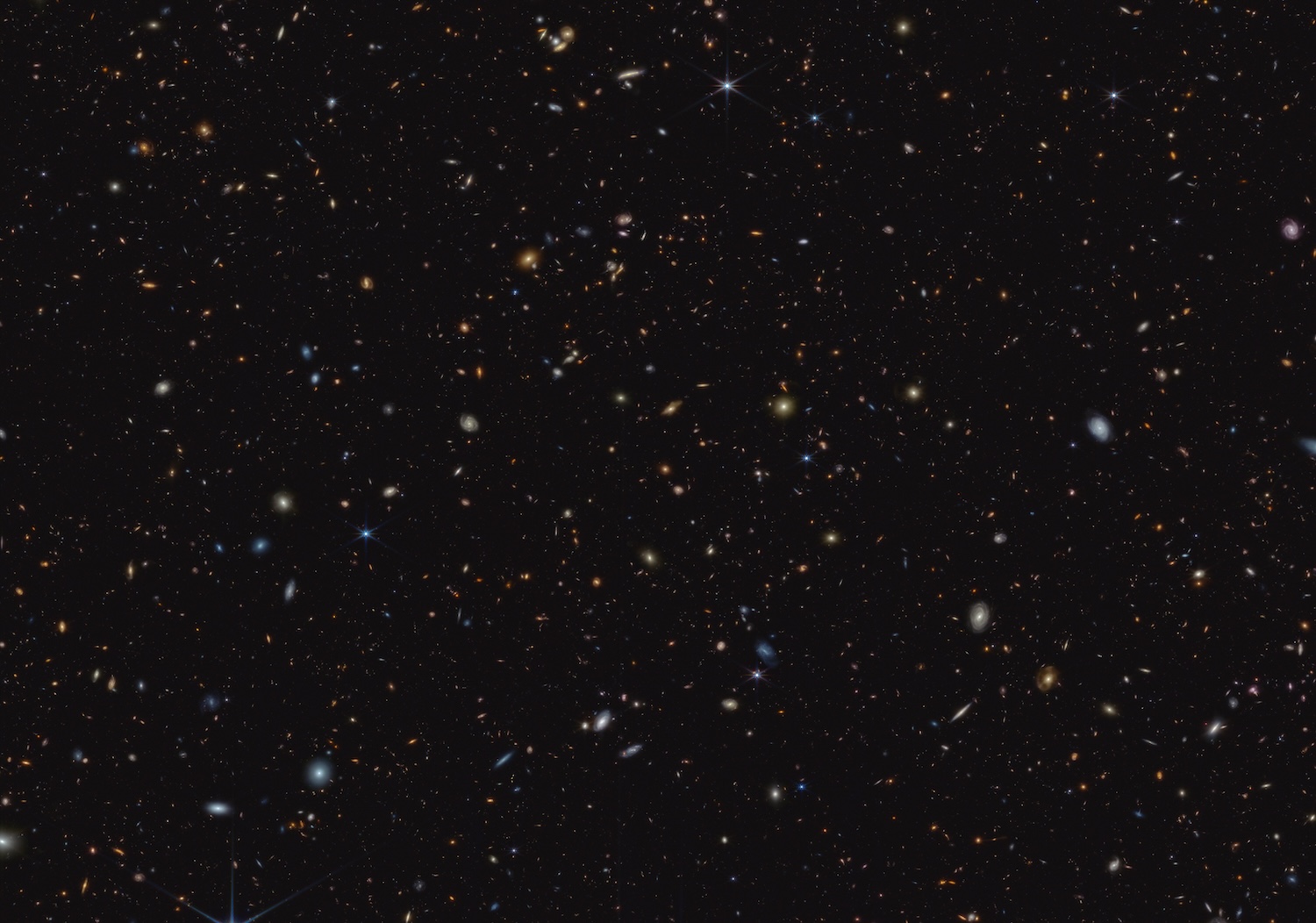 Image 1 pour A blast from the first stars : <p>45,000 galaxies are present in this image. Some of the reddest dots are ancient galaxies formed 600 million years after the Big Bang. They contained the first stars...</p><h6><span>© </span>NASA, ESA, CSA, Brant Robertson (UC Santa Cruz, Ben Johnson (CIA), Sandro Tacchella (Cambridge), Marcia Rieke (University of Arizona), Daniel Eisenstein (CIA), with image processing by Alyssa Pagan (STScl) -- CC BY 2.0 DEED</h6>